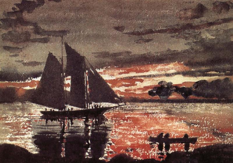 Winslow Homer Fiery red sunset scene oil painting image